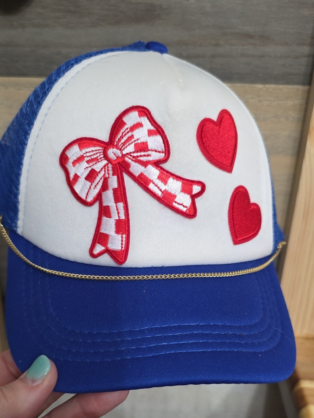 Kids Blue and White Cap with Red Bow & Hearts